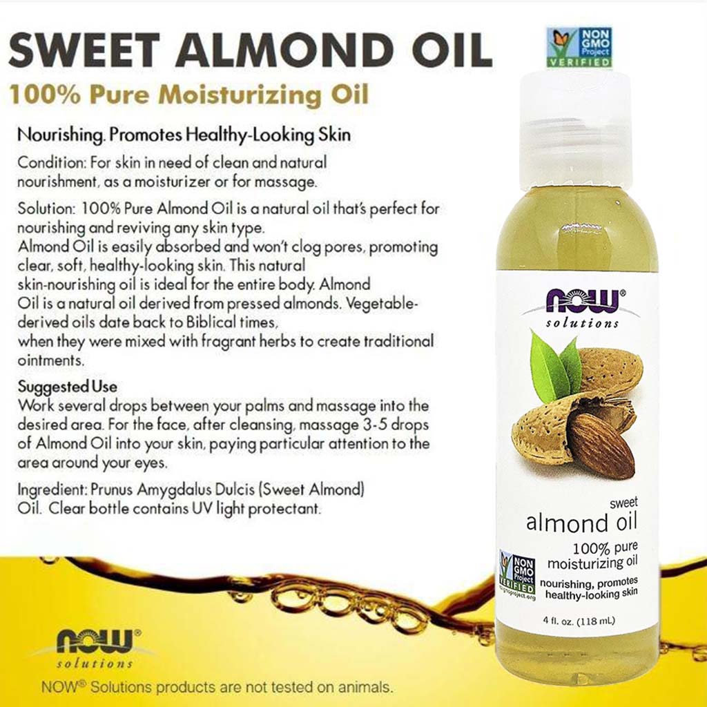 Now Solutions, 100% Pure Sweet Almond Moisturizing Oil, Natural oil for skin hydration and massage, 118ml