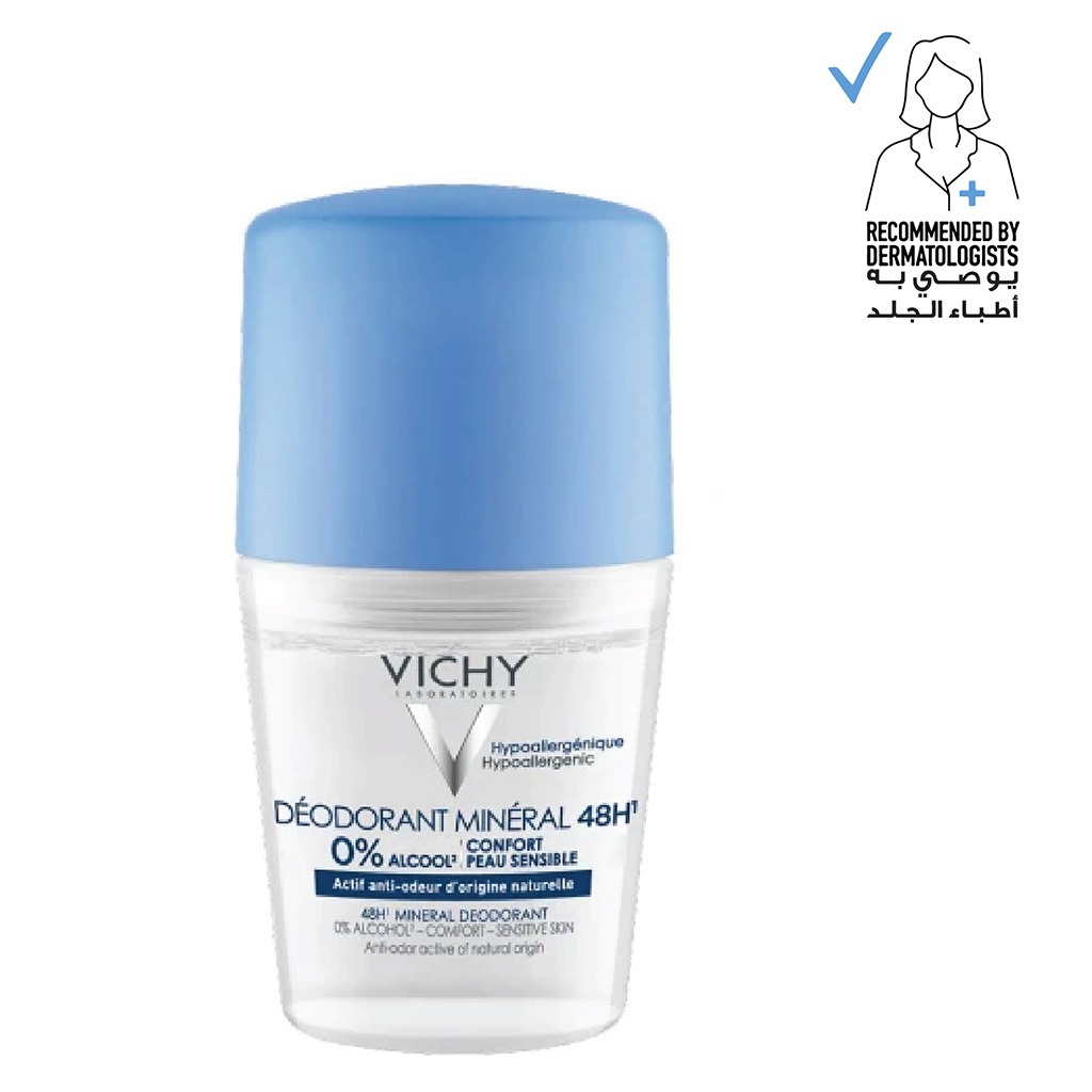Vichy, 48 hours anti-odour aluminum free mineral deodorant roll-on, Long-lasting odor protection with gentle formula, 50 ml