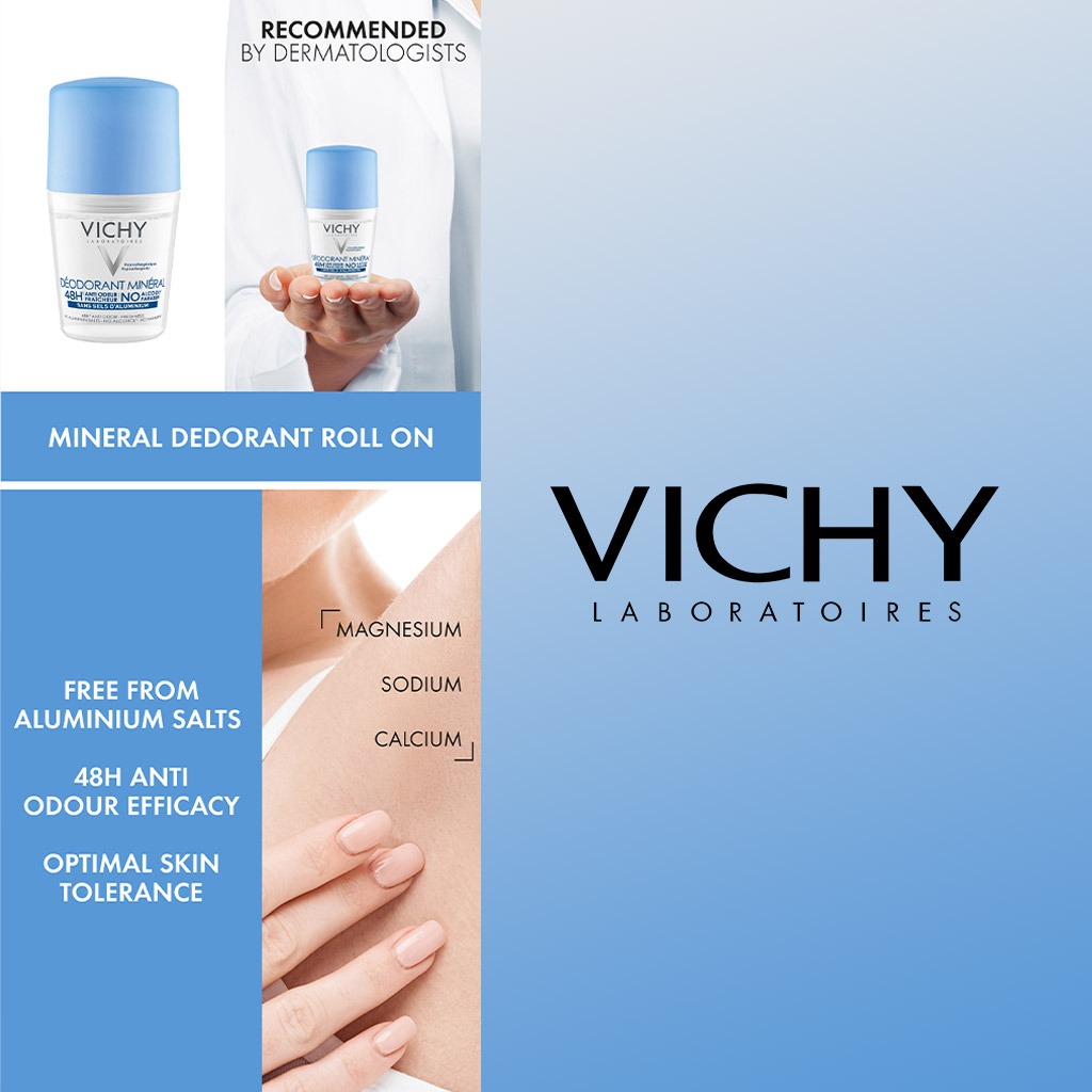 Vichy, 48 hours anti-odour aluminum free mineral deodorant roll-on, Long-lasting odor protection with gentle formula, 50 ml