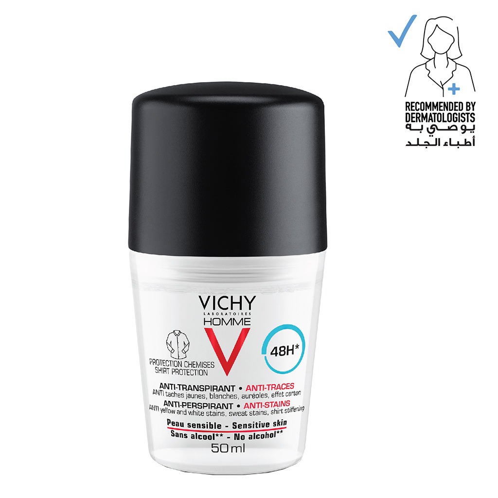 Vichy Homme, 48 Hour Anti-Perspirant Alcohol-Free Deodorant Roll-On, Long-lasting deodorant with anti-stain formula, 50ml