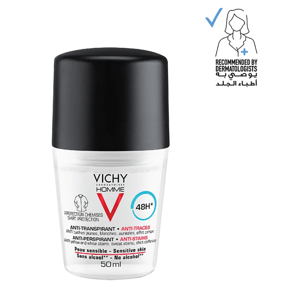 Vichy Homme, 48 Hour Anti-Perspirant Alcohol-Free Deodorant Roll-On, Long-lasting deodorant with anti-stain formula, 50ml