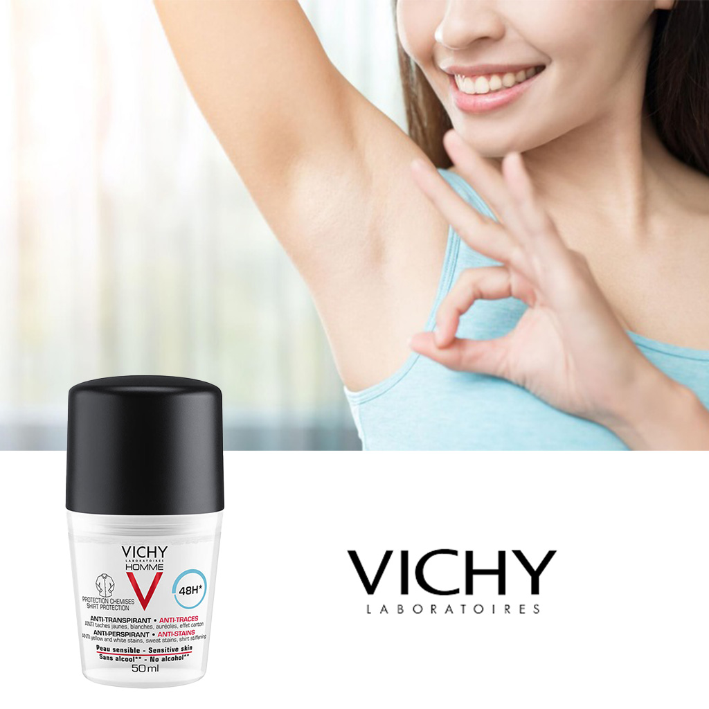 Vichy Homme, 48 Hour Anti-Perspirant Alcohol-Free Deodorant Roll-On, Long-lasting deodorant with anti-stain formula, 50ml