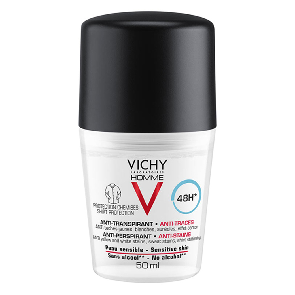 Vichy Homme, 48 Hour Anti-Perspirant Alcohol-Free Deodorant Roll-On, Long-lasting deodorant with anti-stain formula, 50ml