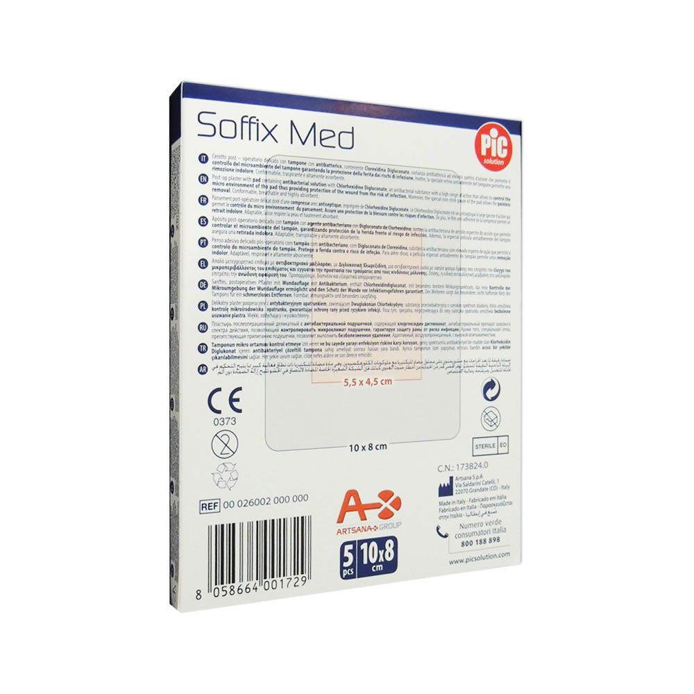 Pic, Soffix Med Delicate Post-Op Plaster, Soft breathable dressing for sensitive skin, 10 cm × 8 cm, pack of 5