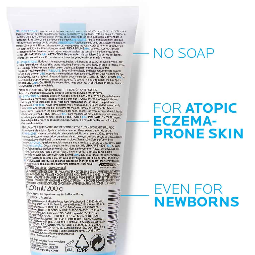 La Roche-Posay, Lipikar Syndet AP+ Body Wash, Cleansing wash for extremely dry, atopic eczema-prone skin, 200ml
