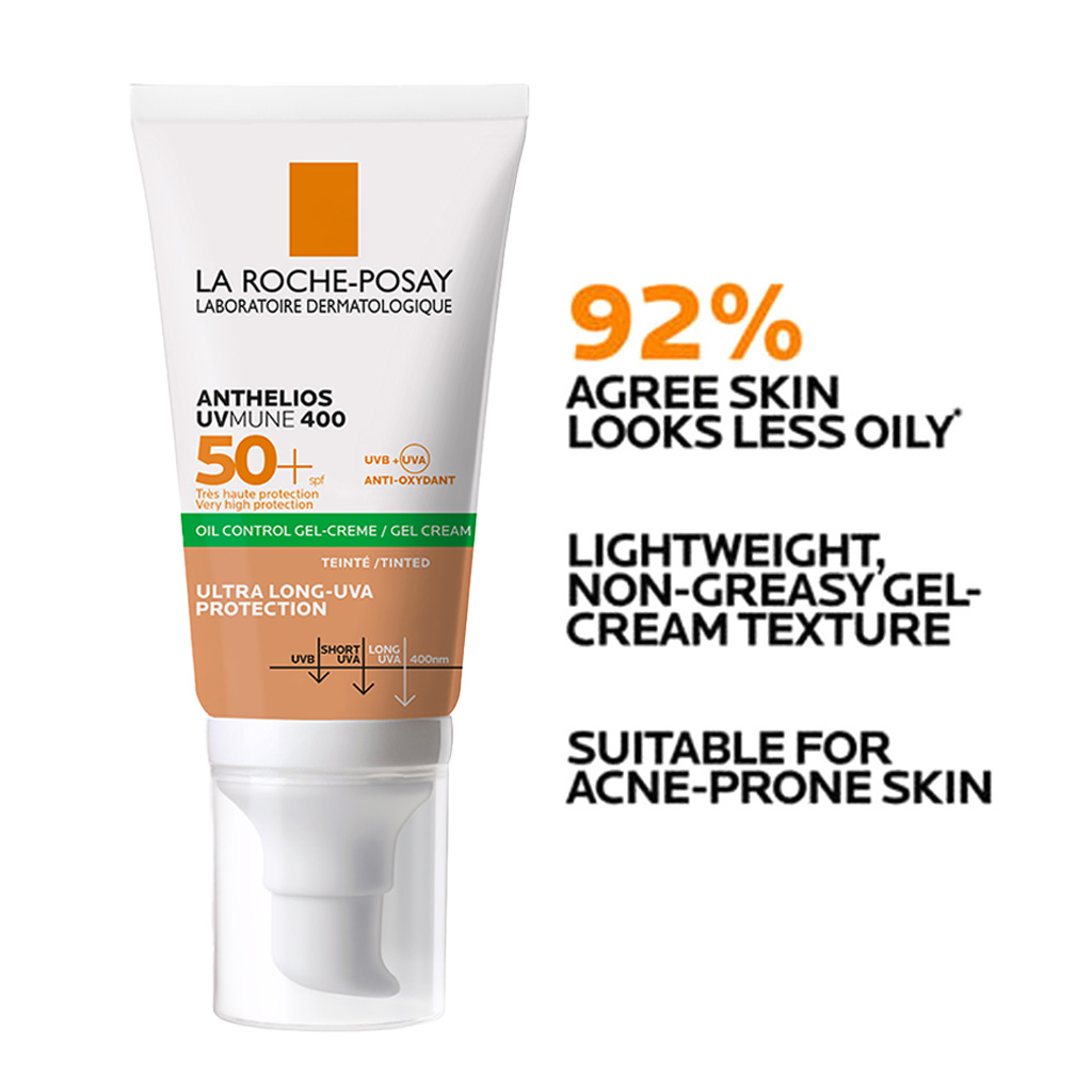 La Roche-Posay, Anthelios UVMune 400 SPF50+ Oil Control Tinted Gel Cream, High protection tinted gel cream for oily skin, 50ml