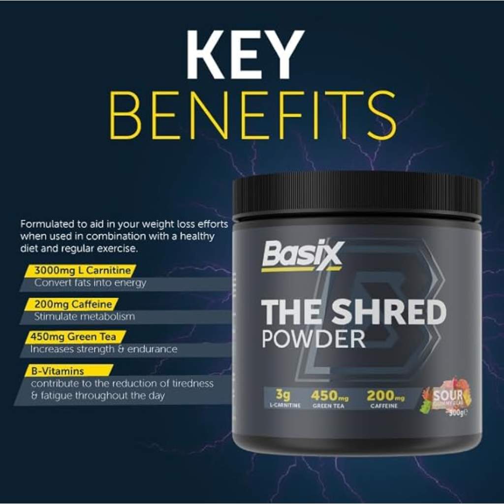 Basix, The Shred Powder Sour Gummy Bear, High protein fat burning supplement, 300g