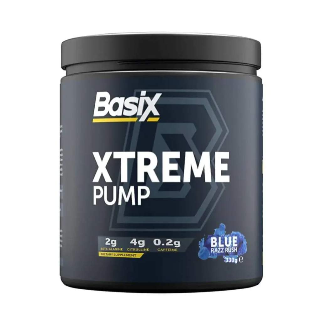 Basix, Xtreme Pump Blue Razz Rush, Pre-workout energy supplement for intense workouts, 330 g