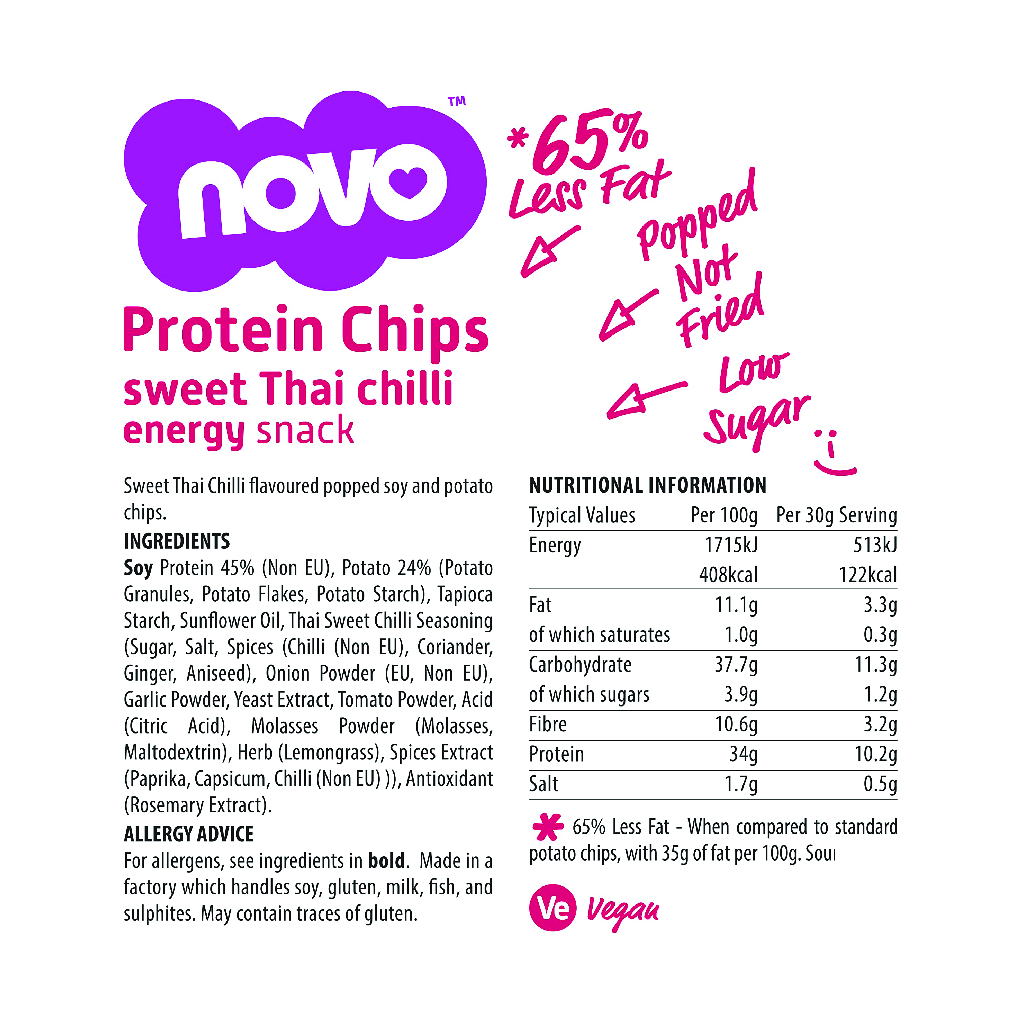 Novo, Protein Chips Sweet Thai Chili, Savory high-protein chips with sweet chili flavor, 30g