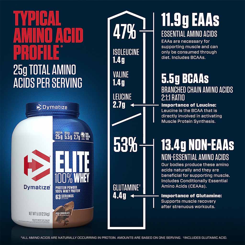 Dymatize, Elite 100% Whey Protein Powder Gluten Free Rich Chocolate, High-quality whey protein powder, 2.3kg