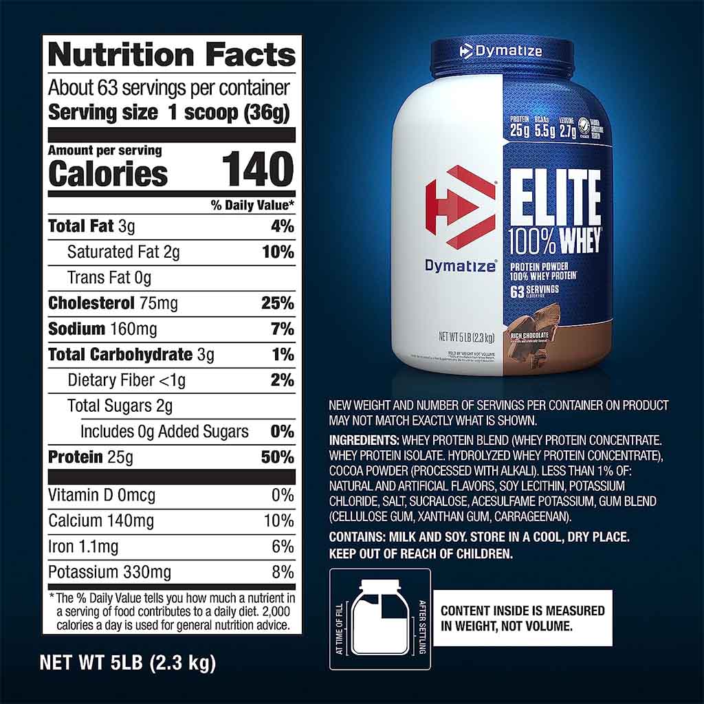 Dymatize, Elite 100% Whey Protein Powder Gluten Free Rich Chocolate, High-quality whey protein powder, 2.3kg