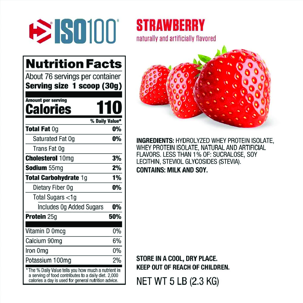 Dymatize, ISO 100 Hydrolyzed Protein Strawberry, Fast absorbing protein powder for muscle recovery, 5 lbs