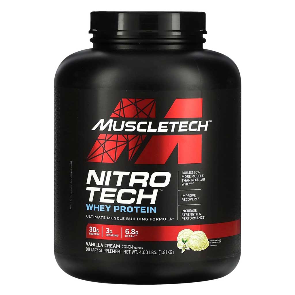 Muscletech, NitroTech Vanilla Cream Protein Powder, High quality whey protein for muscle building, 4lbs