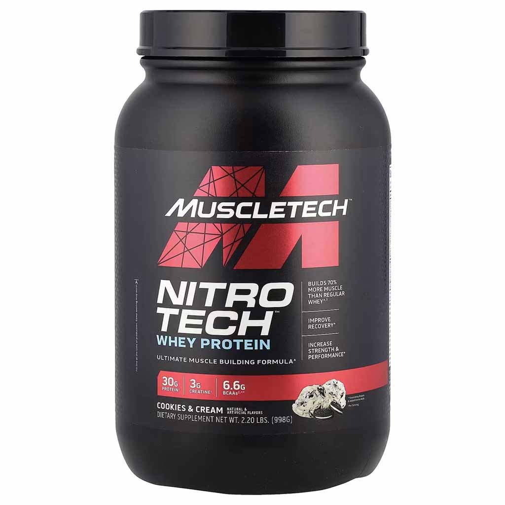 MuscleTech, Nitro Tech Whey Protein Cookies & Cream, Whey protein powder with cookies and cream flavor, 2.2lbs (998g)
