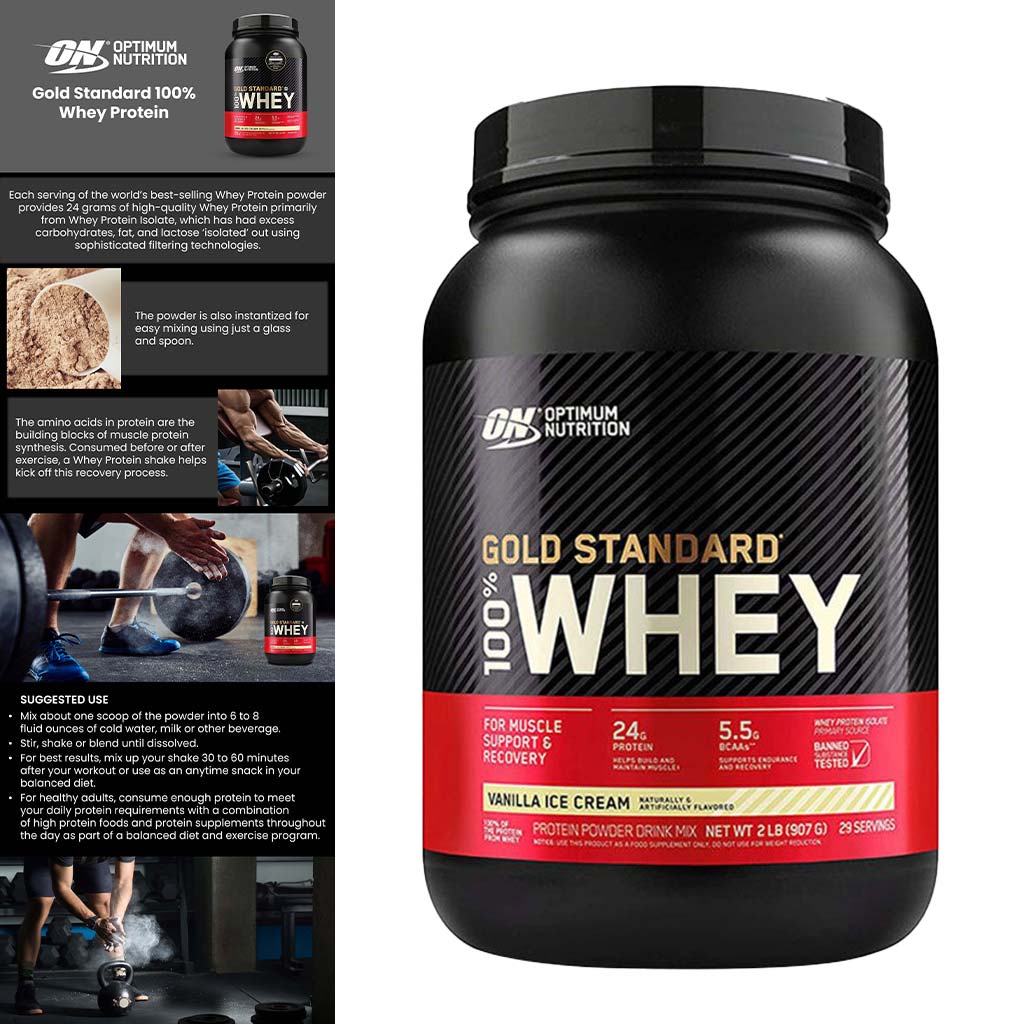 Optimum Nutrition, Gold Standard 100% Whey Protein Powder Vanilla Ice Cream, High-quality whey protein for muscle recovery, 1.98lb