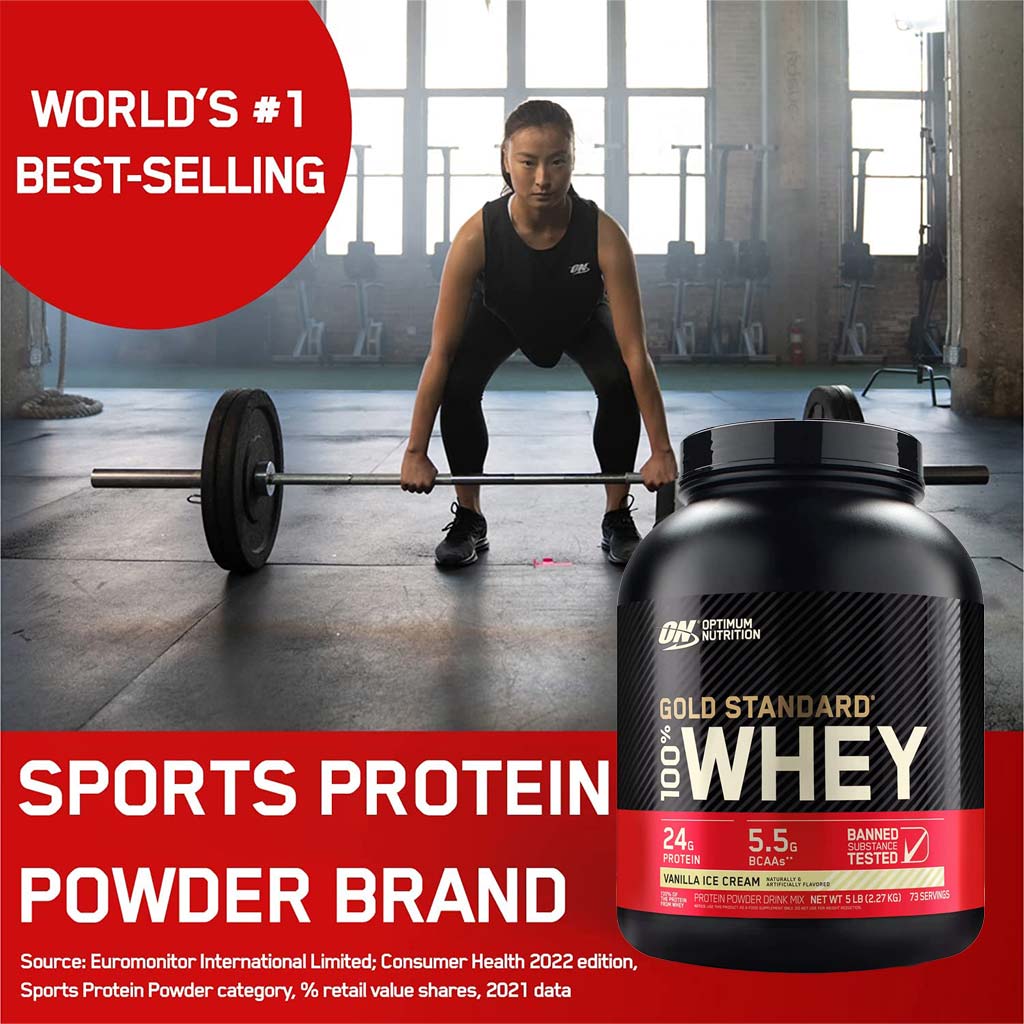 Optimum Nutrition (On) Gold Standard 100% Whey Protein Powder (Vanilla Ice Cream) 5 Lbs