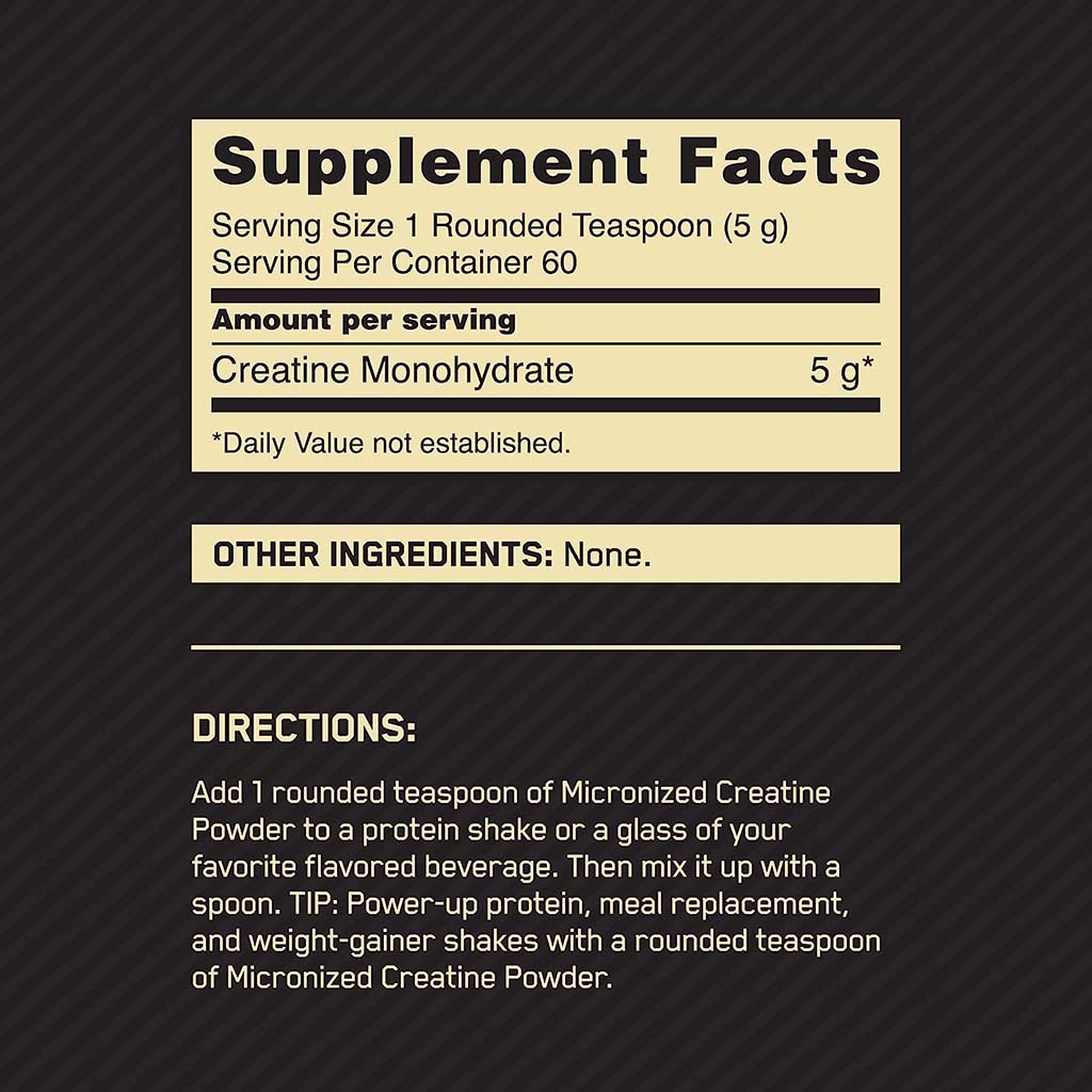Optimum Nutrition, Micronized Creatine Powder Unflavored, Creatine supplement for muscle strength and performance, 300g (60 servings)