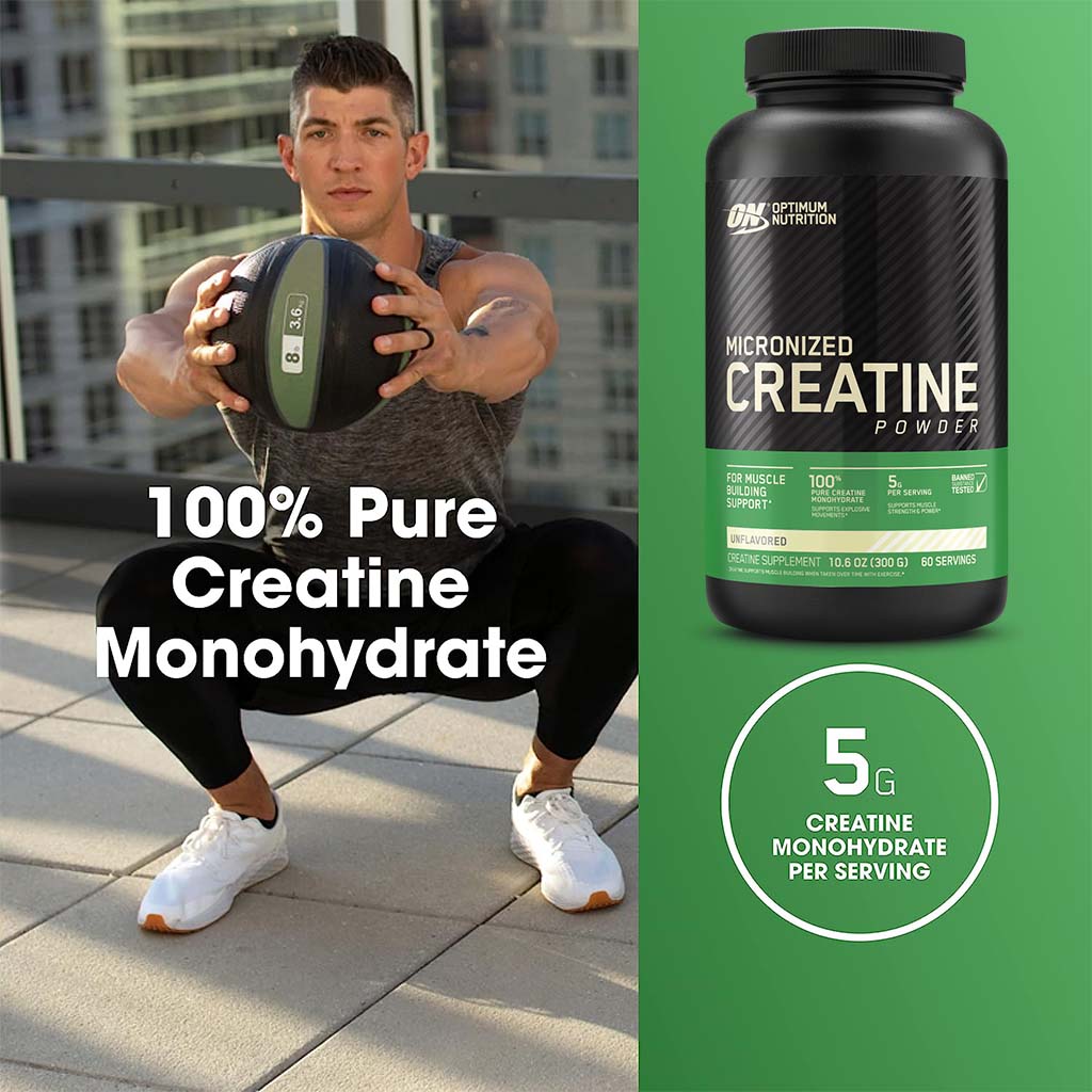 Optimum Nutrition, Micronized Creatine Powder Unflavored, Creatine supplement for muscle strength and performance, 300g (60 servings)
