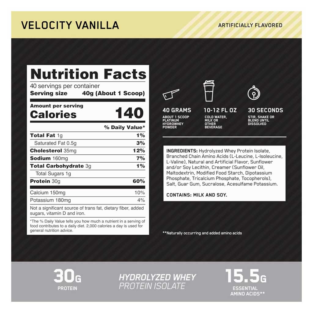 Platinum Velocity Optimum Nutrition, Whey Protein Hydrating Supplement Vanilla Flavor, High-quality protein supplement for muscle recovery, 3.5 lbs