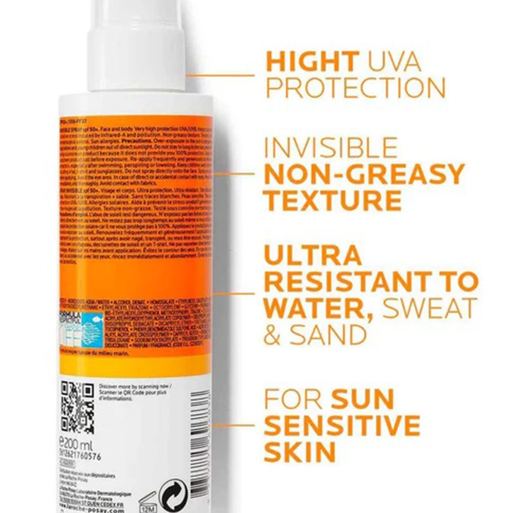 La Roche-Posay, Anthelios SPF 50+ Invisible Sunscreen Body Spray, High protection sunscreen with invisible finish, 200ml