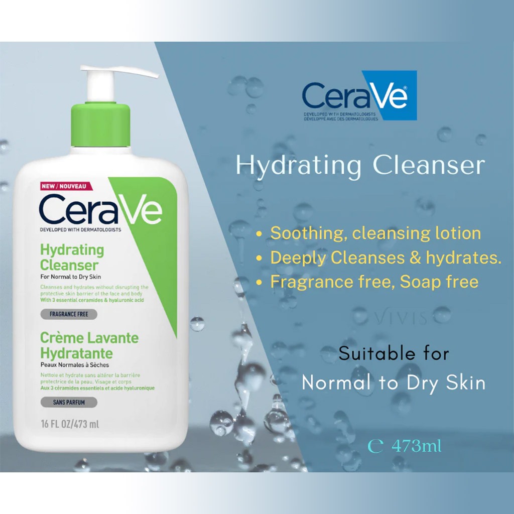 CeraVe, Hydrating Fragrance Free Cleanser for Normal to Dry Skin, Gentle moisturizing facial cleanser, 473 ml