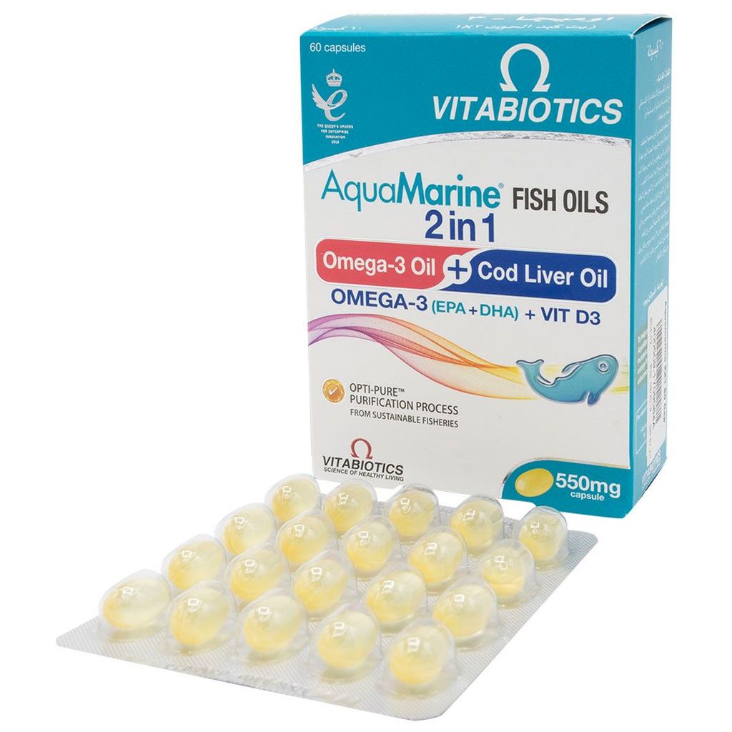 Vitabiotics Aquamarine, 2-in-1 Omega 3 & Cod Liver Oil, Joint and heart wellness supplement, 60 capsules
