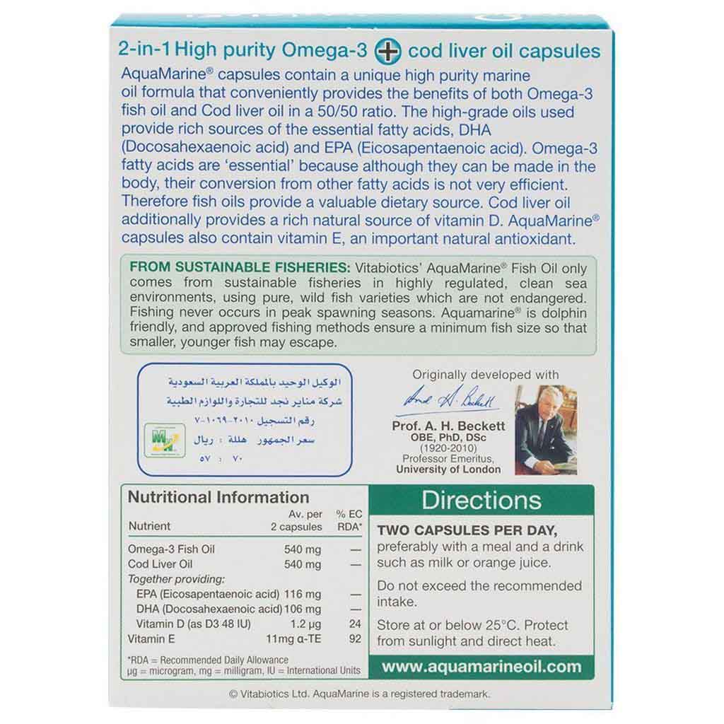 Vitabiotics Aquamarine, 2-in-1 Omega 3 & Cod Liver Oil, Joint and heart wellness supplement, 60 capsules