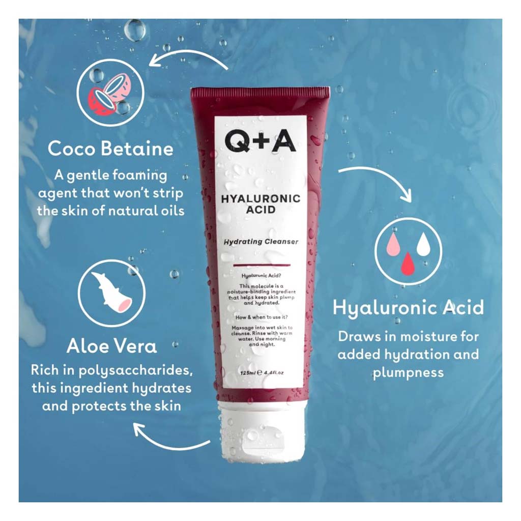 Q+A, Hyaluronic Acid Cleansing Gel, Hydrating gel cleanser for deep skin cleansing, 125 ml