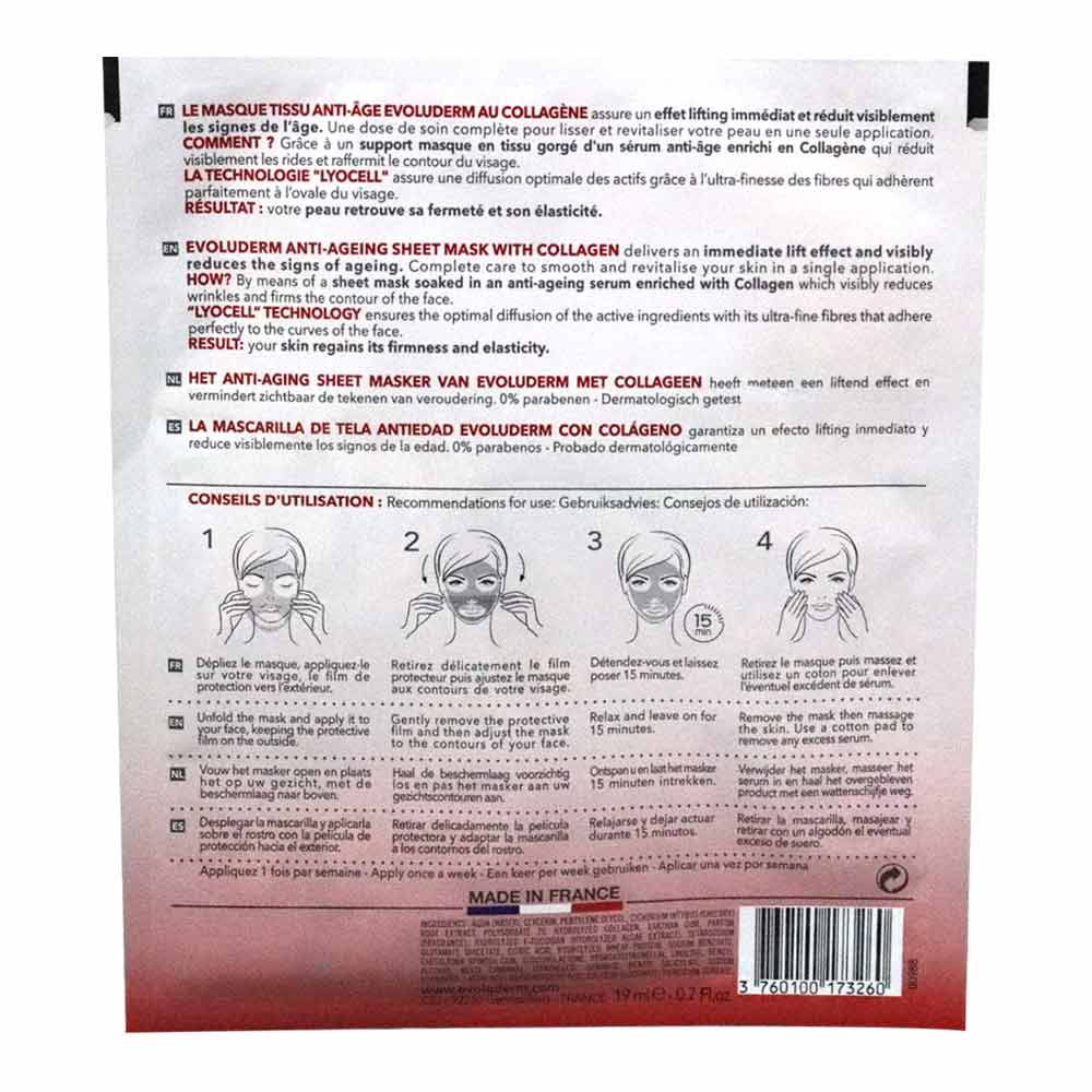 Evoluderm, Anti-Aging with Collagen Sheet Mask, Hydrating collagen sheet mask for youthful skin