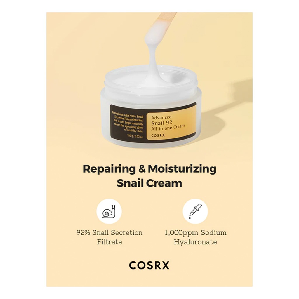 Cosrx, Advanced Snail 92 All In One Cream, Repairing and hydrating snail mucin cream, 100ml