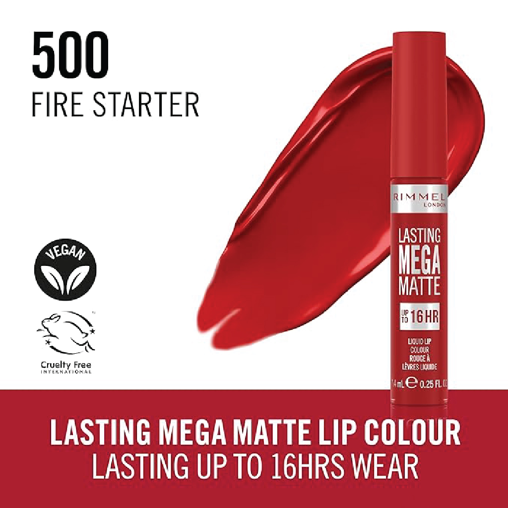 Rimmel, Lasting Mega Matte Liquid Lipstick, Long-wear matte liquid lipstick, Shade 500 Firestarter