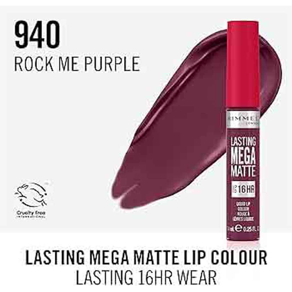 Rimmel, Lasting Mega Matte Liquid Lipstick Rock Me Purple, Transfer-proof matte lipstick
