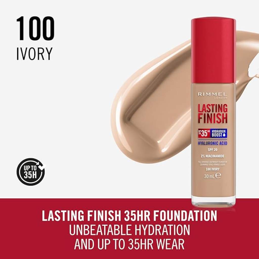 Rimmel London, Lasting finish full coverage lightweight foundation 100 Ivory, Lightweight foundation with full coverage and natural finish