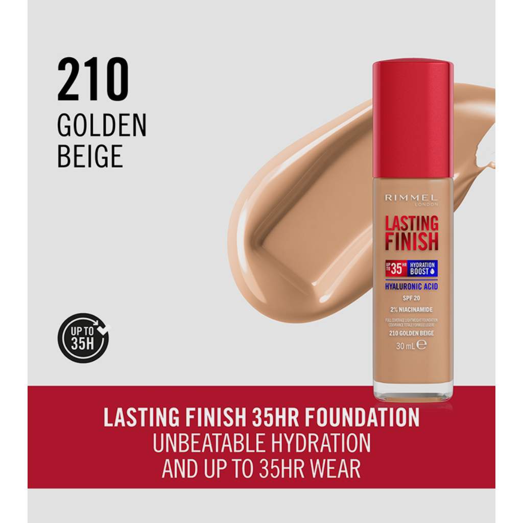 Rimmel, Makeup, Evens skin tone for a flawless complexion, London Lasting Finish Full Coverage Lightweight Foundation 210 Golden Beige