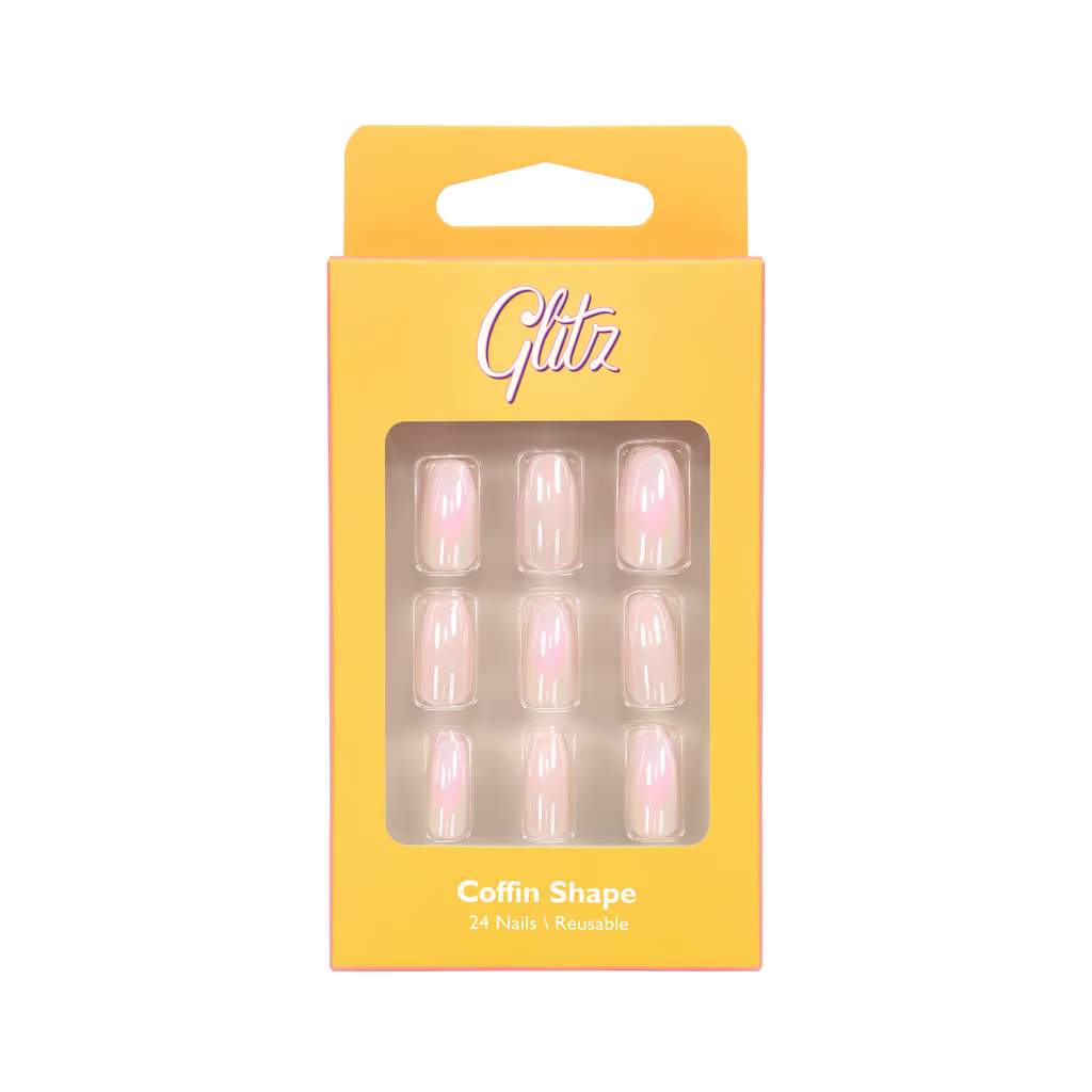 Glitz, Press on nails oval coffin pink chrome #11, Durable oval coffin nails with pink chrome finish
