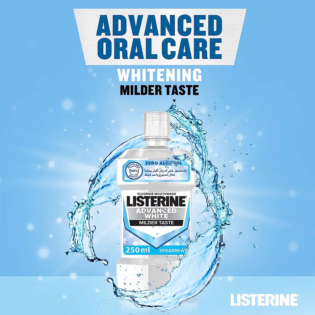 Listerine, Advanced White Mouthwash Spearmint Flavor, Alcohol-free mouthwash for advanced teeth whitening, 250ml