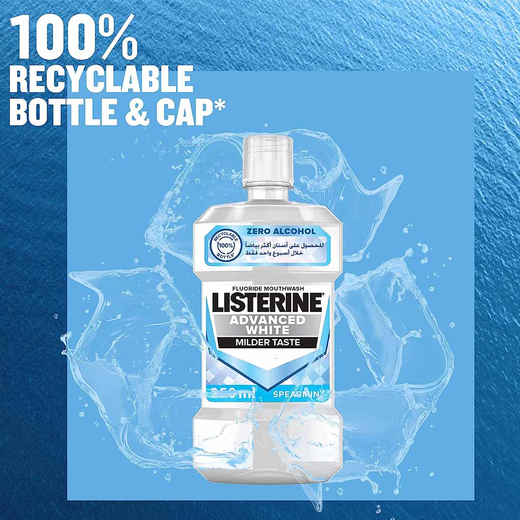 Listerine, Advanced White Mouthwash Spearmint Flavor, Alcohol-free mouthwash for advanced teeth whitening, 250ml