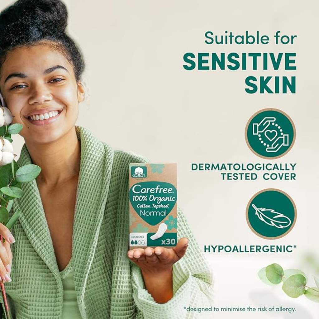 Carefree, Organic Cotton Normal Pads, Breathable sanitary pads for everyday comfort, 30 pieces
