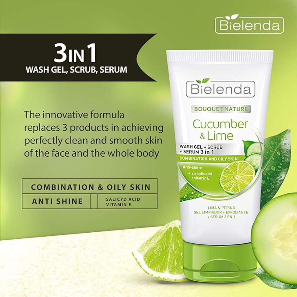 Bielenda, Cucumber and Lime 3-In-1 Face Wash, Cleansing face wash with cucumber and lime, 150g