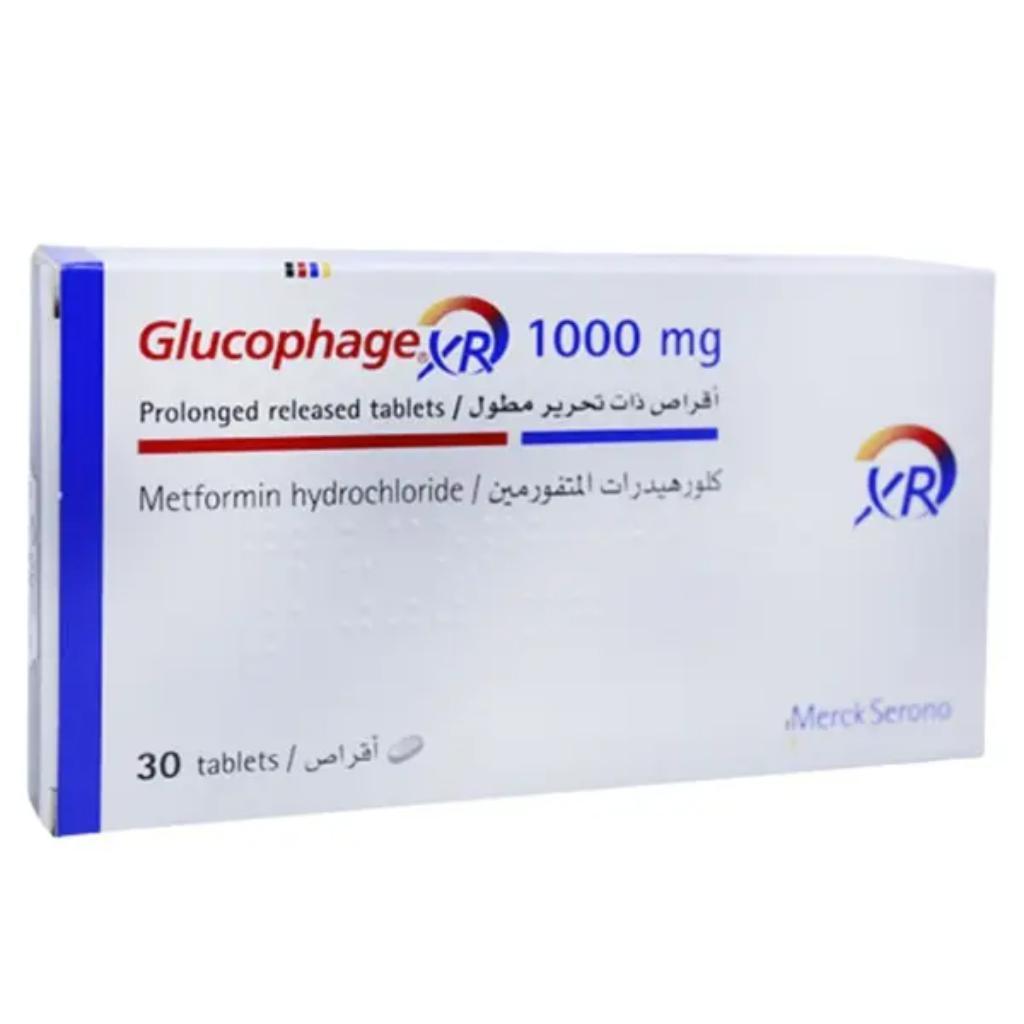 Glucophage, XR 1000 mg tablets, Extended release tablets for type 2 diabetes management, 30 tablets