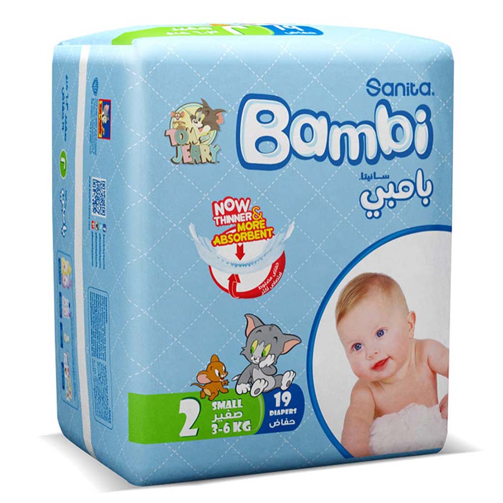Sanita Bambi Tom And Jerry Baby Diapers, , Size 2, Small For 3-, 6 Kg Baby, Regular  Pack Of 19'S