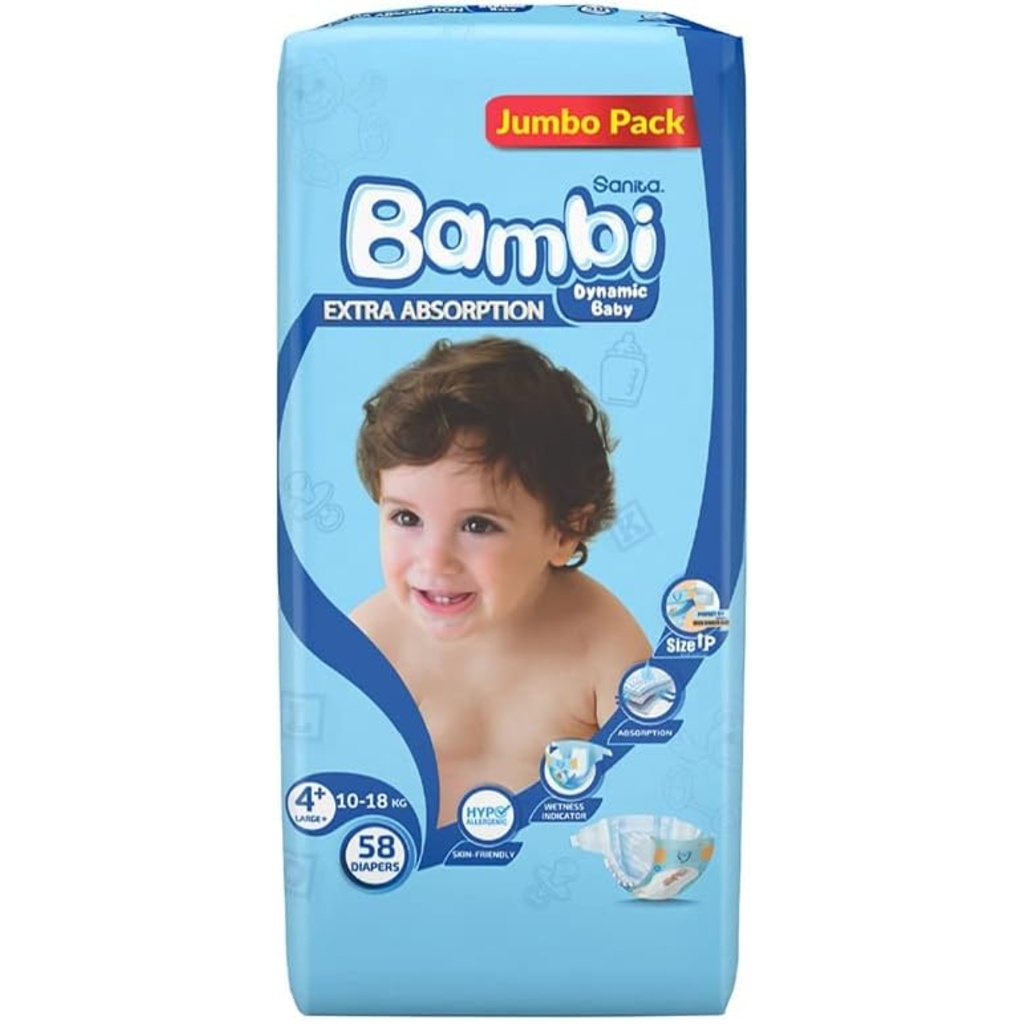 Sanita Bambi, Large+ Baby Diapers, Jumbo, 58 Diapers, 1Px3