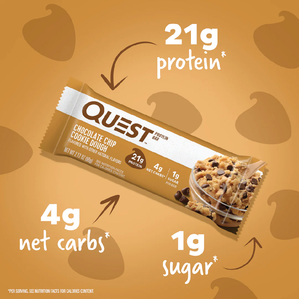 Quest Nutrition, Protein Bars Chocolate Chip Cookie Dough, High protein energy bars with chocolate chip flavor, 60 g