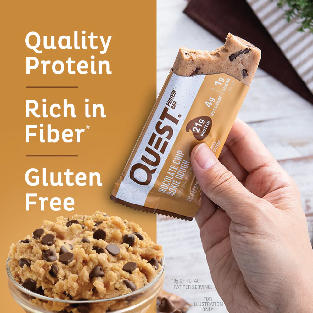 Quest Nutrition, Protein Bars Chocolate Chip Cookie Dough, High protein energy bars with chocolate chip flavor, 60 g