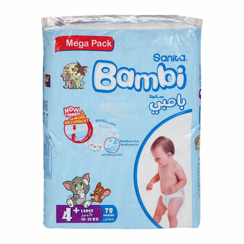 Sanita, Bambi Large+ Mega Baby Diapers, Extra large diapers for heavy wetters, 78 pieces