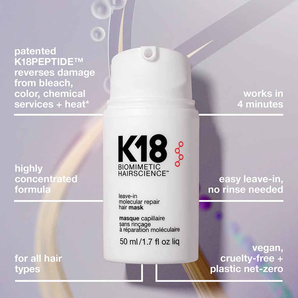 K18, Leave-In Molecular Repair Hair Mask, Restores damaged hair with patented peptide technology, 50 ml
