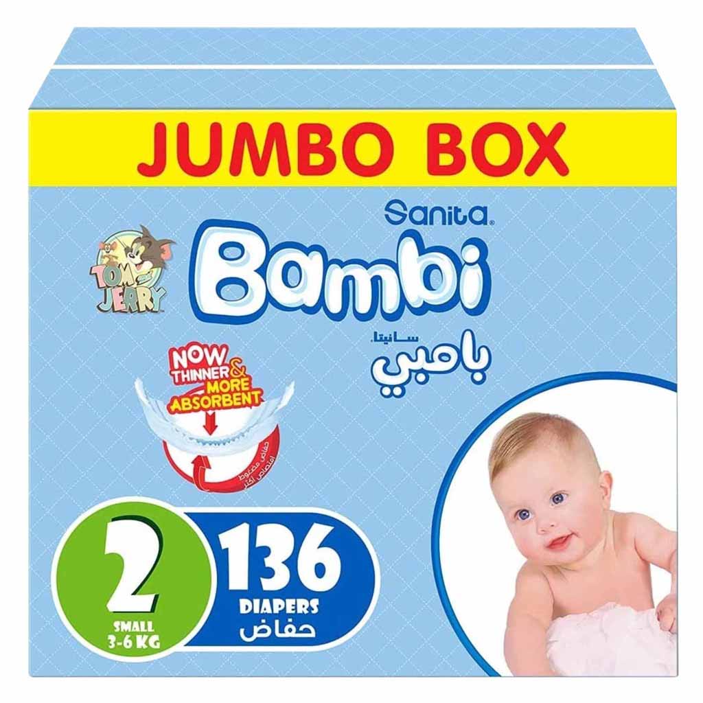 Sanita Bambi, Jumbo Diapers Small Size 2, High absorbency diapers for infants, 136 pieces