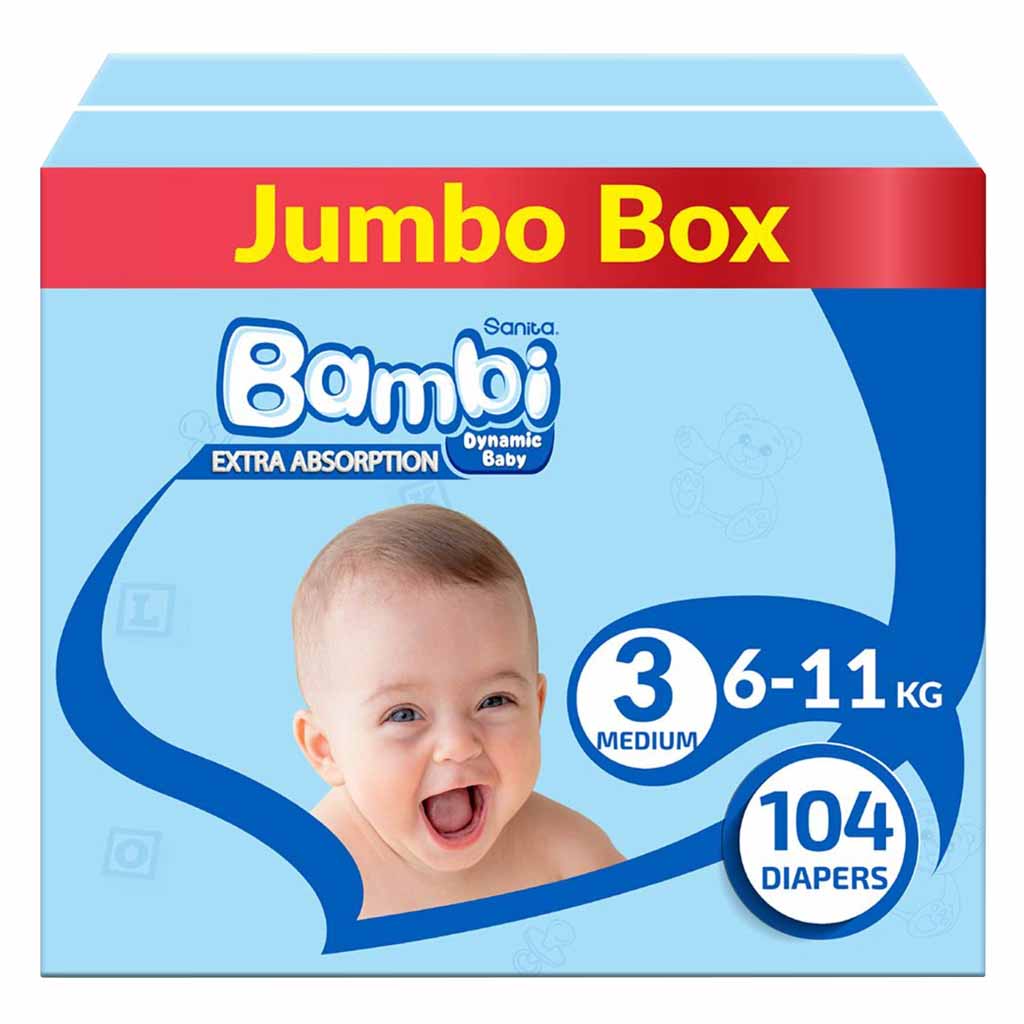 Sanita Bambi Diapers Jumbo Box Medium Size-3 104 Count 6-, 11 Kg