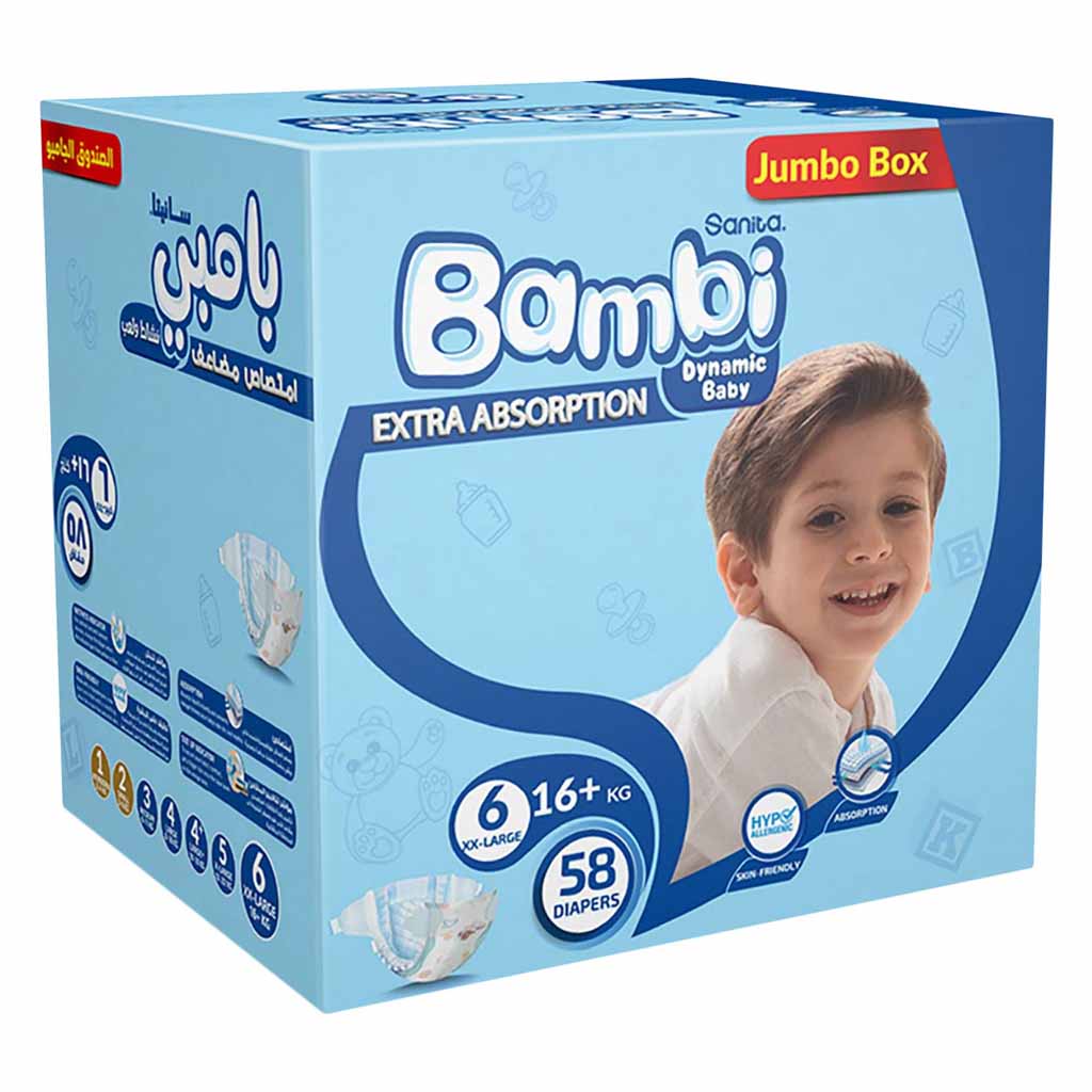 Sanita, Bambi Diapers Jumbo Box XXL Size 6, Extra large diapers for toddlers up to 16 kg, 58 pieces