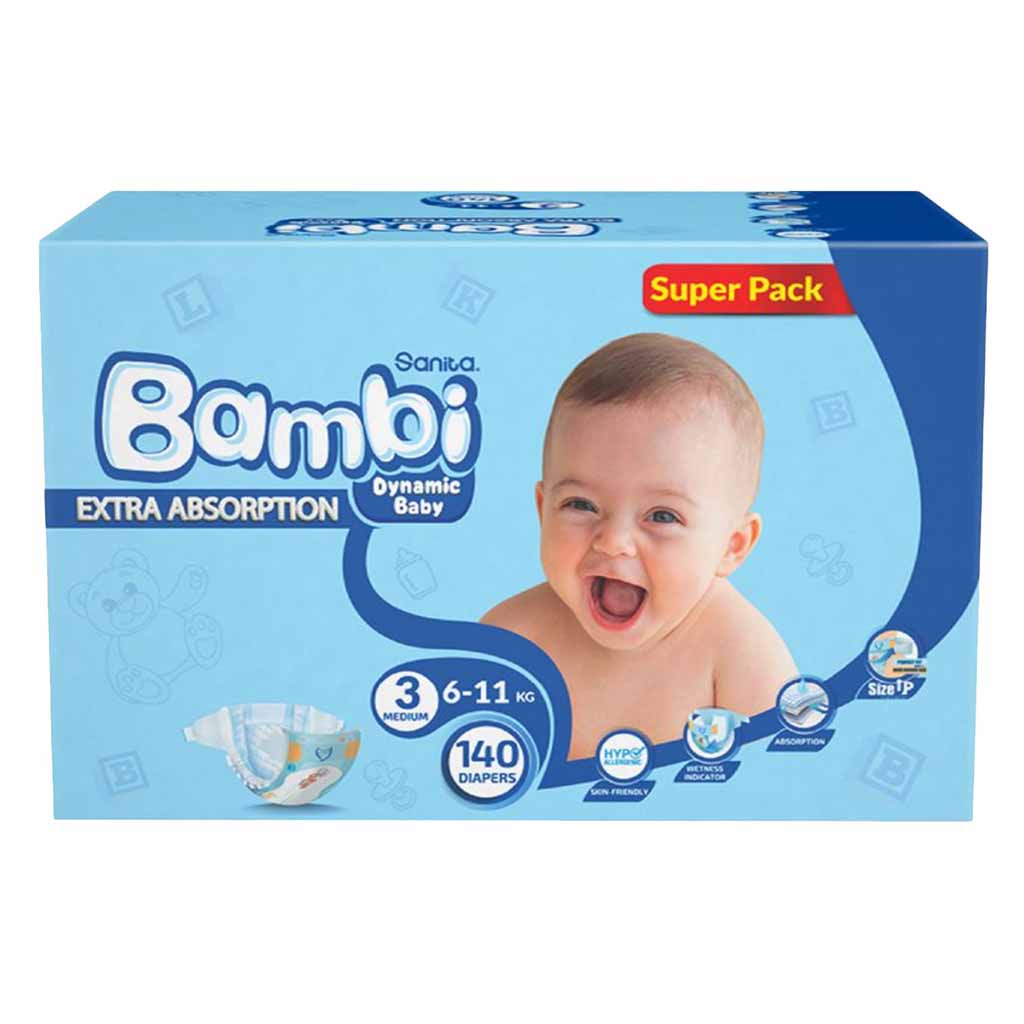 Sanita Bambi Diapers Super  Pack Medium Size-3 140 Count 6-, 11 Kg